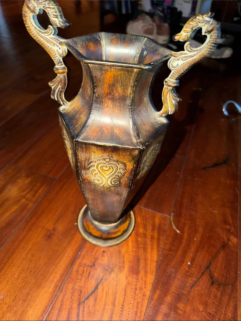 Ornate Brown and Gold Decorative Vase with Scroll Handles